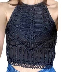 H&M Ribbon Embroidered Black Crochet Halter Woven‎ Cropped Top Women's Medium